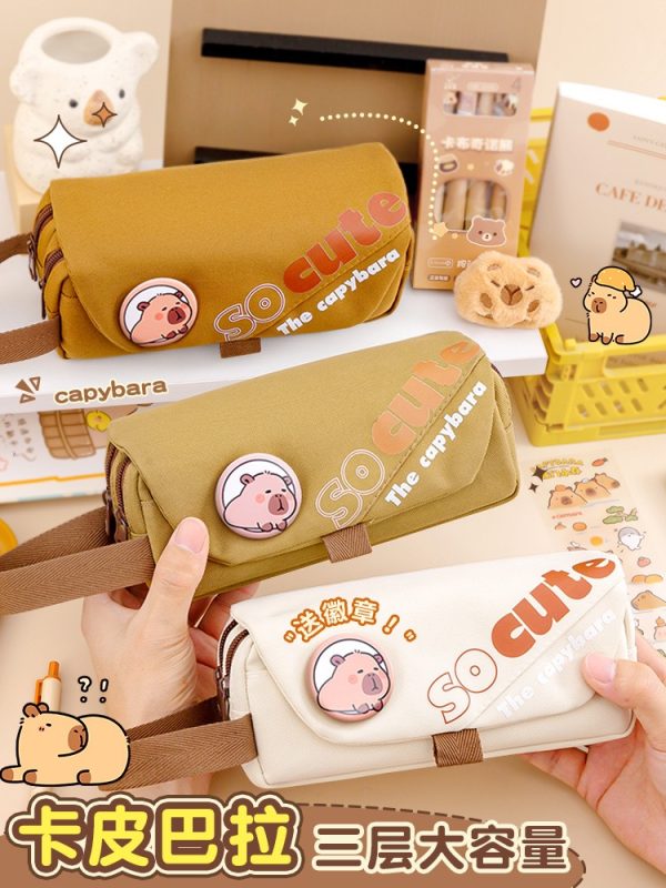 3-Layer Large Capacity Pencil Case, Fabric Stationery Bag, Multi-Compartment Organizer, Available in Brown, Khaki & Cream