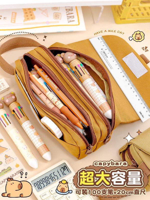 3-Layer Large Capacity Pencil Case, Fabric Stationery Bag, Multi-Compartment Organizer, Available in Brown, Khaki & Cream